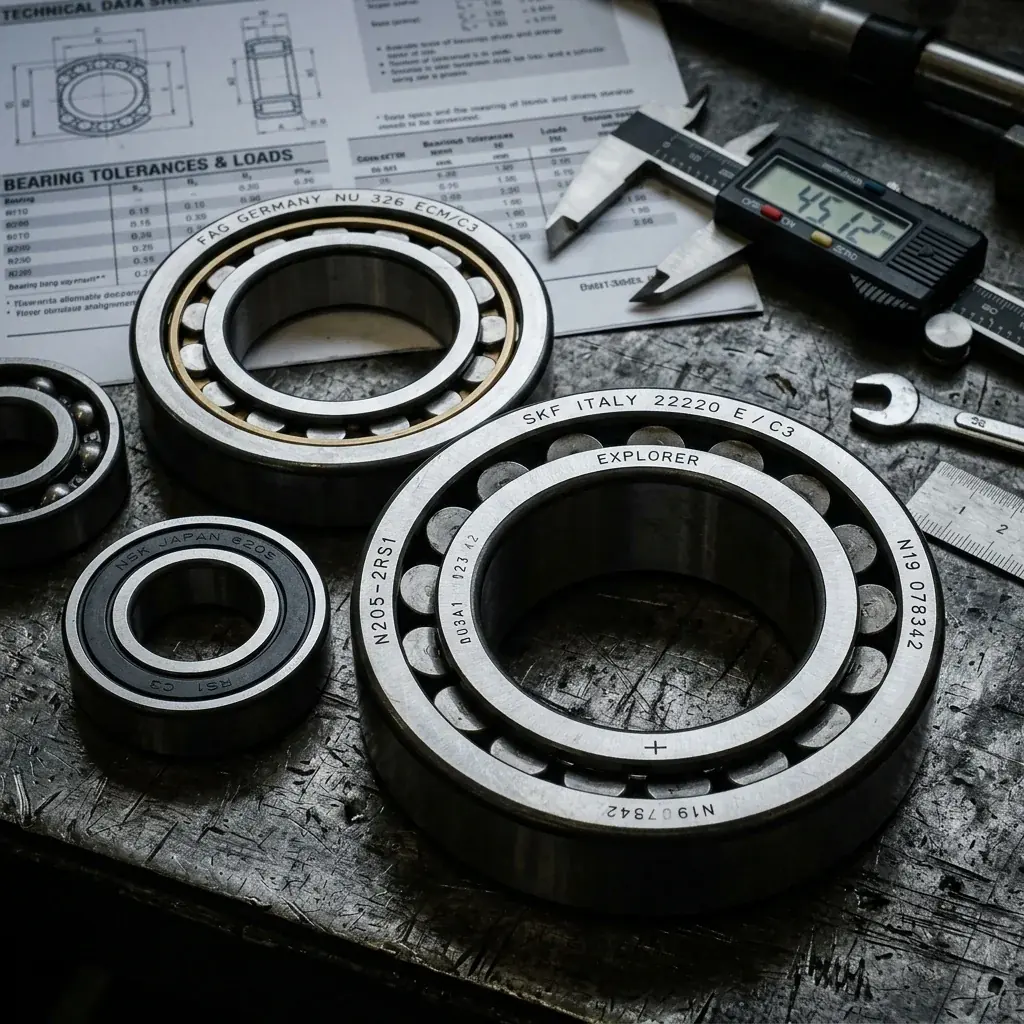 Berbagai bearing industri dengan kode teknis di atas meja baja, dilengkapi jangka sorong dan lembar data teknis &mdash; panduan membaca kode bearing
